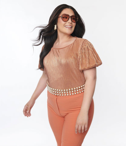 Metallic Copper Ribbed Blouse - Unique Vintage - Womens, TOPS, WOVEN TOPS