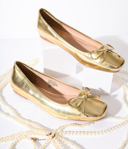 Metallic Gold Leatherette Bow Flats - Unique Vintage - Womens, SHOES, FLATS