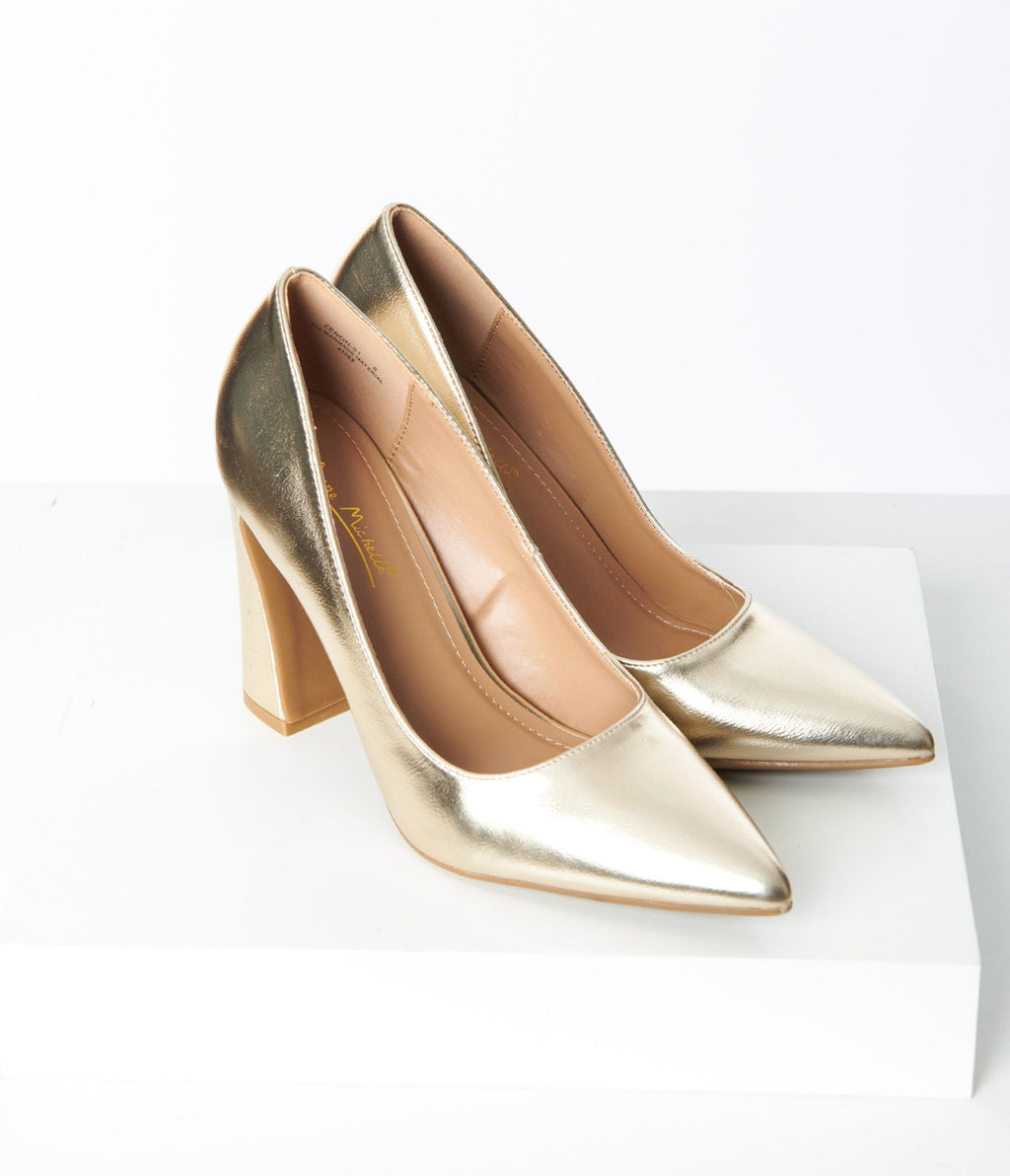 Metallic Gold Pointed Toe Pumps - Unique Vintage - Womens, SHOES, HEELS