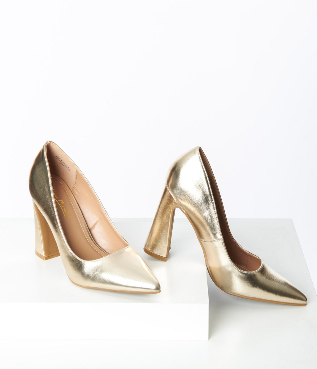 Metallic Gold Pointed Toe Pumps - Unique Vintage - Womens, SHOES, HEELS