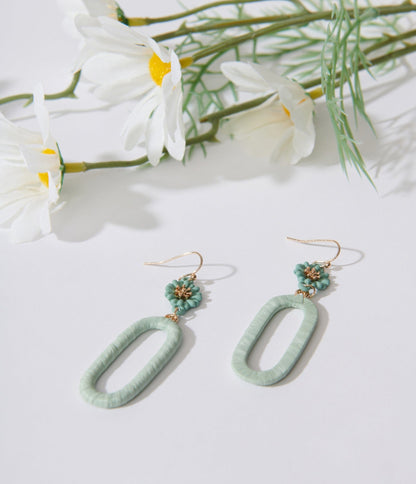 Mint Floral Oval Drop Earrings - Unique Vintage - Womens, ACCESSORIES, JEWELRY