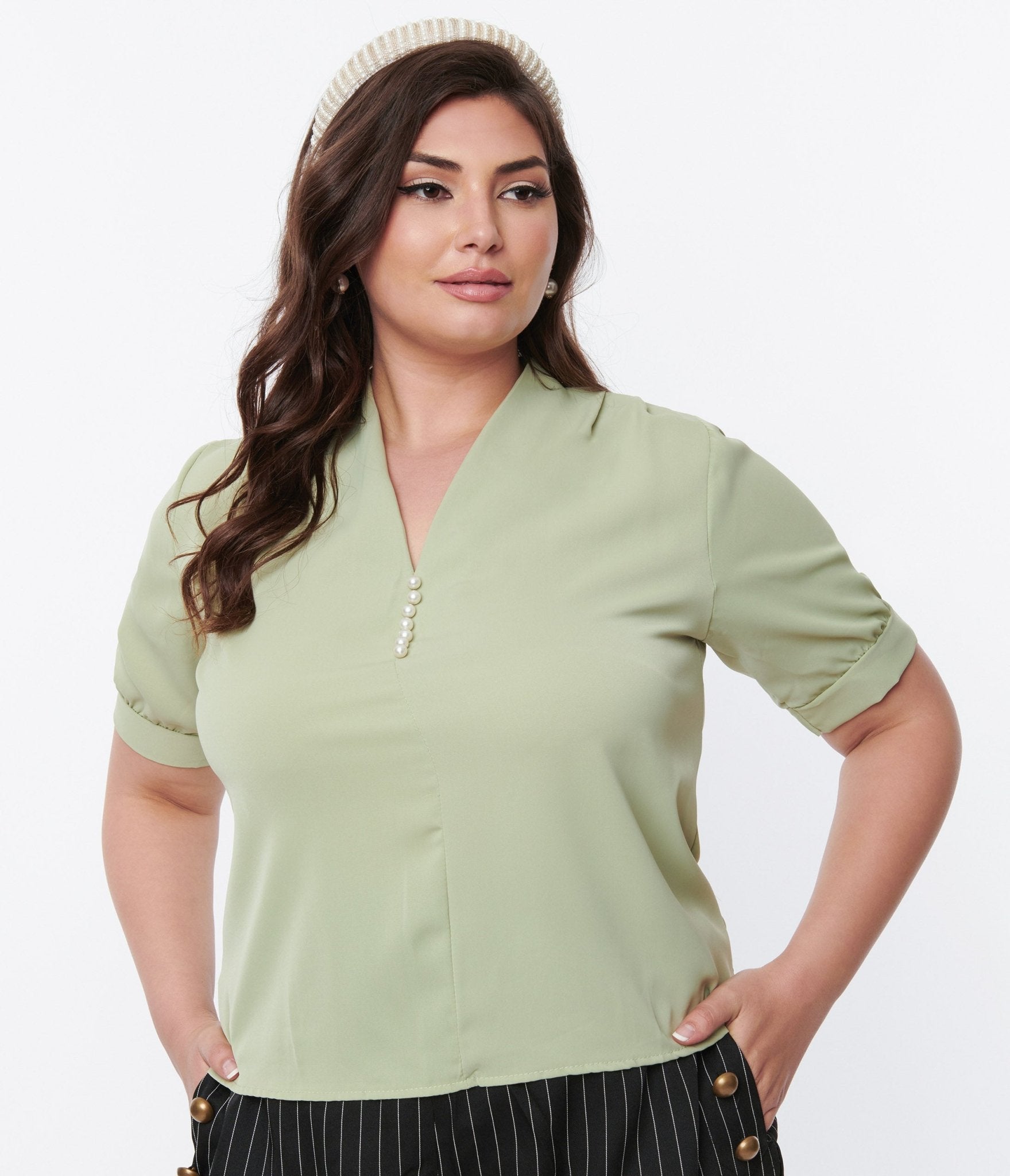 Mint Green & Faux Pearl Top - Unique Vintage - Womens, TOPS, WOVEN TOPS