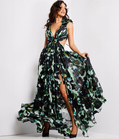Multicolor Floral Print Cut Out Gown - Unique Vintage - Womens, DRESSES, PROM AND SPECIAL OCCASION