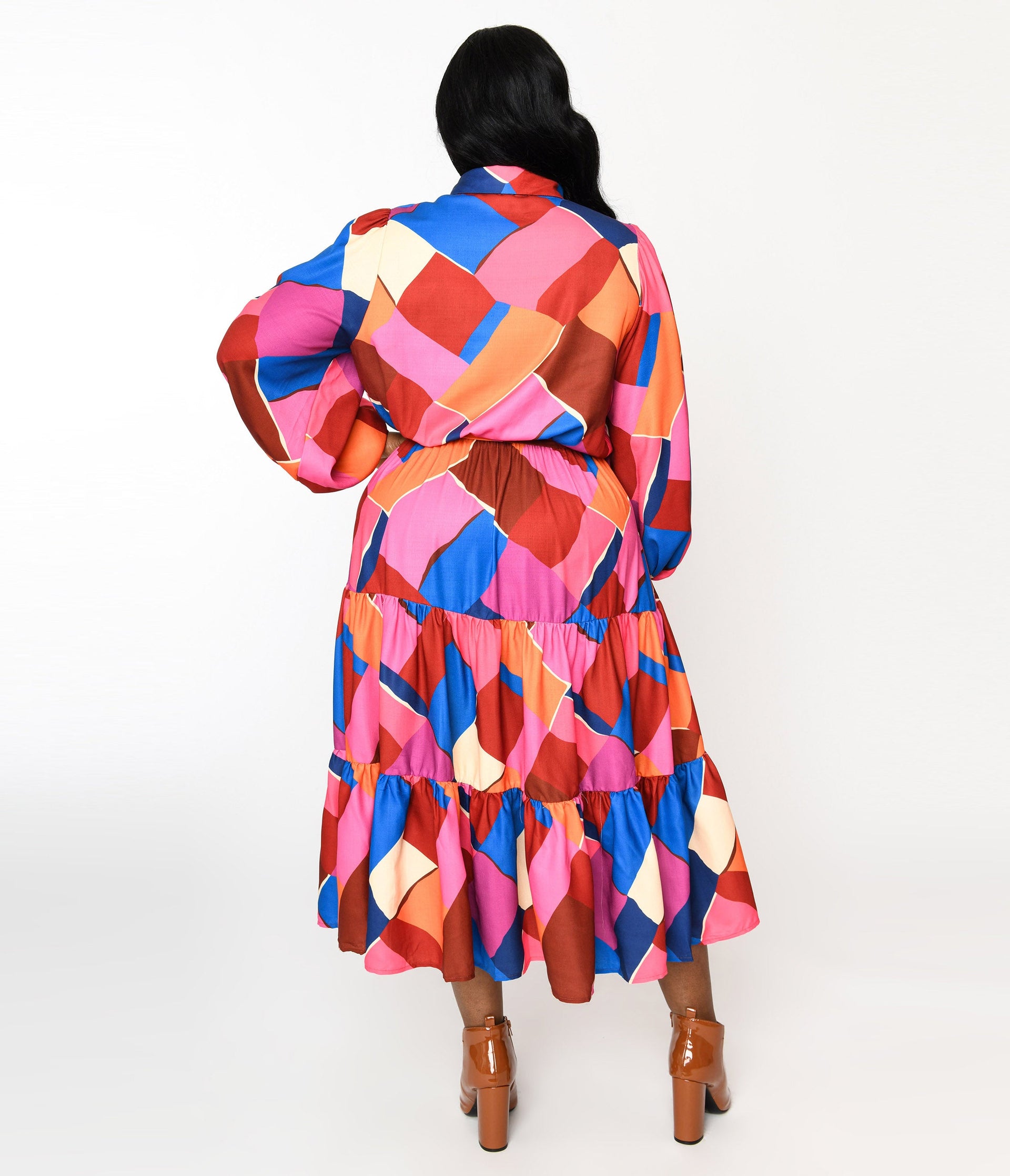 Multicolor Geometric Tiered Maxi Shirt Dress - Unique Vintage - Womens, DRESSES, MAXI