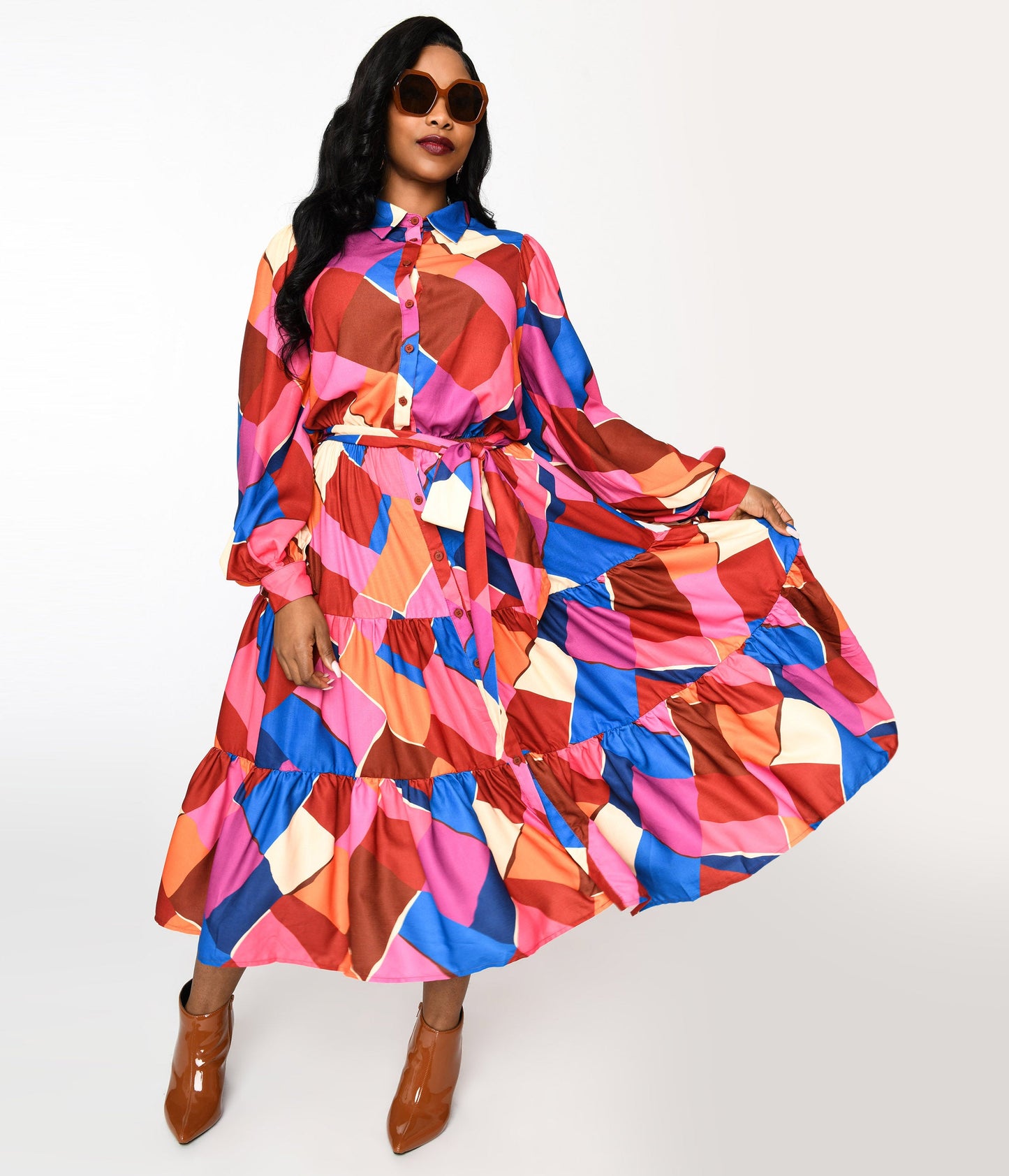Multicolor Geometric Tiered Maxi Shirt Dress - Unique Vintage - Womens, DRESSES, MAXI