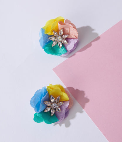 Multicolor Pastel & Rhinestone Flower Earrings - Unique Vintage - Womens, ACCESSORIES, JEWELRY