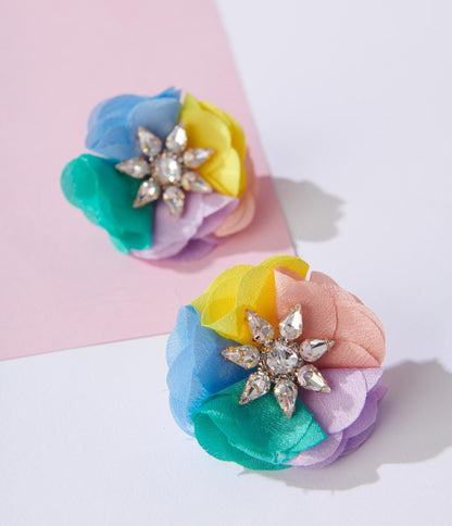 Multicolor Pastel & Rhinestone Flower Earrings - Unique Vintage - Womens, ACCESSORIES, JEWELRY