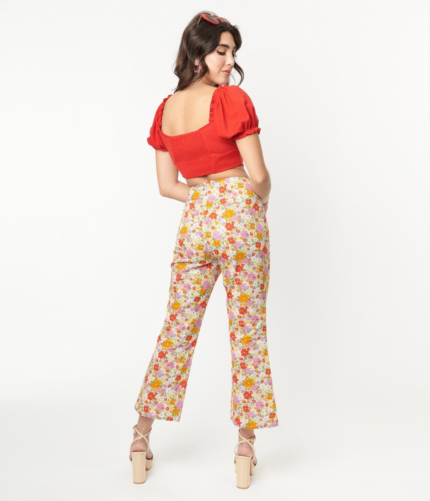 Multicolor Retro Floral Flare Pants - Unique Vintage - Womens, BOTTOMS, PANTS