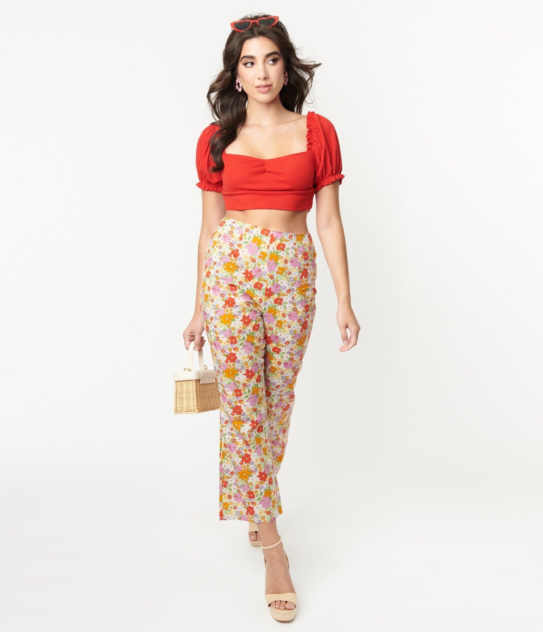 Multicolor Retro Floral Flare Pants - Unique Vintage - Womens, BOTTOMS, PANTS