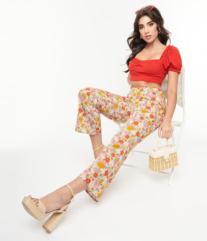 Multicolor Retro Floral Flare Pants - Unique Vintage - Womens, BOTTOMS, PANTS