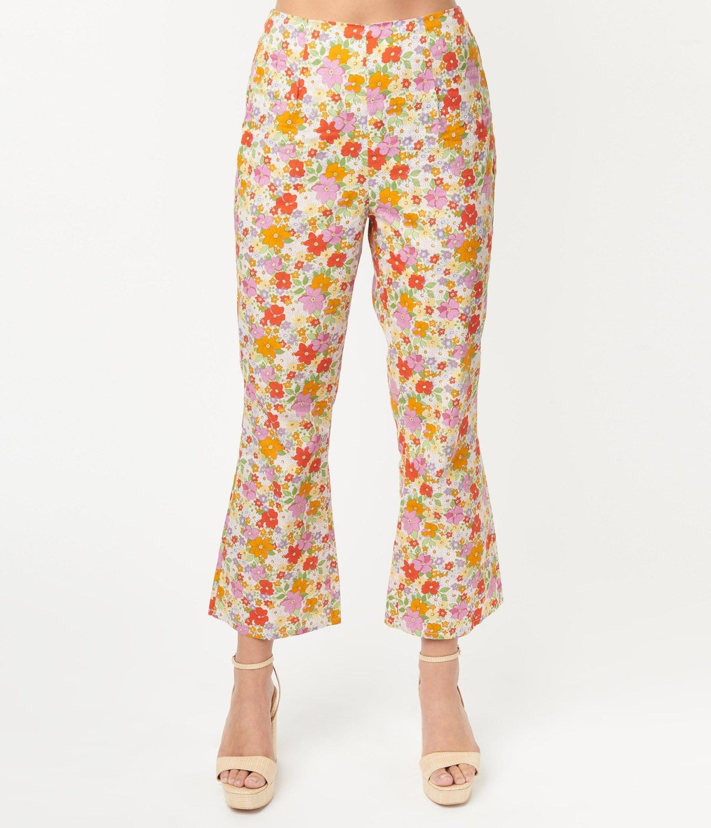 Multicolor Retro Floral Flare Pants - Unique Vintage - Womens, BOTTOMS, PANTS