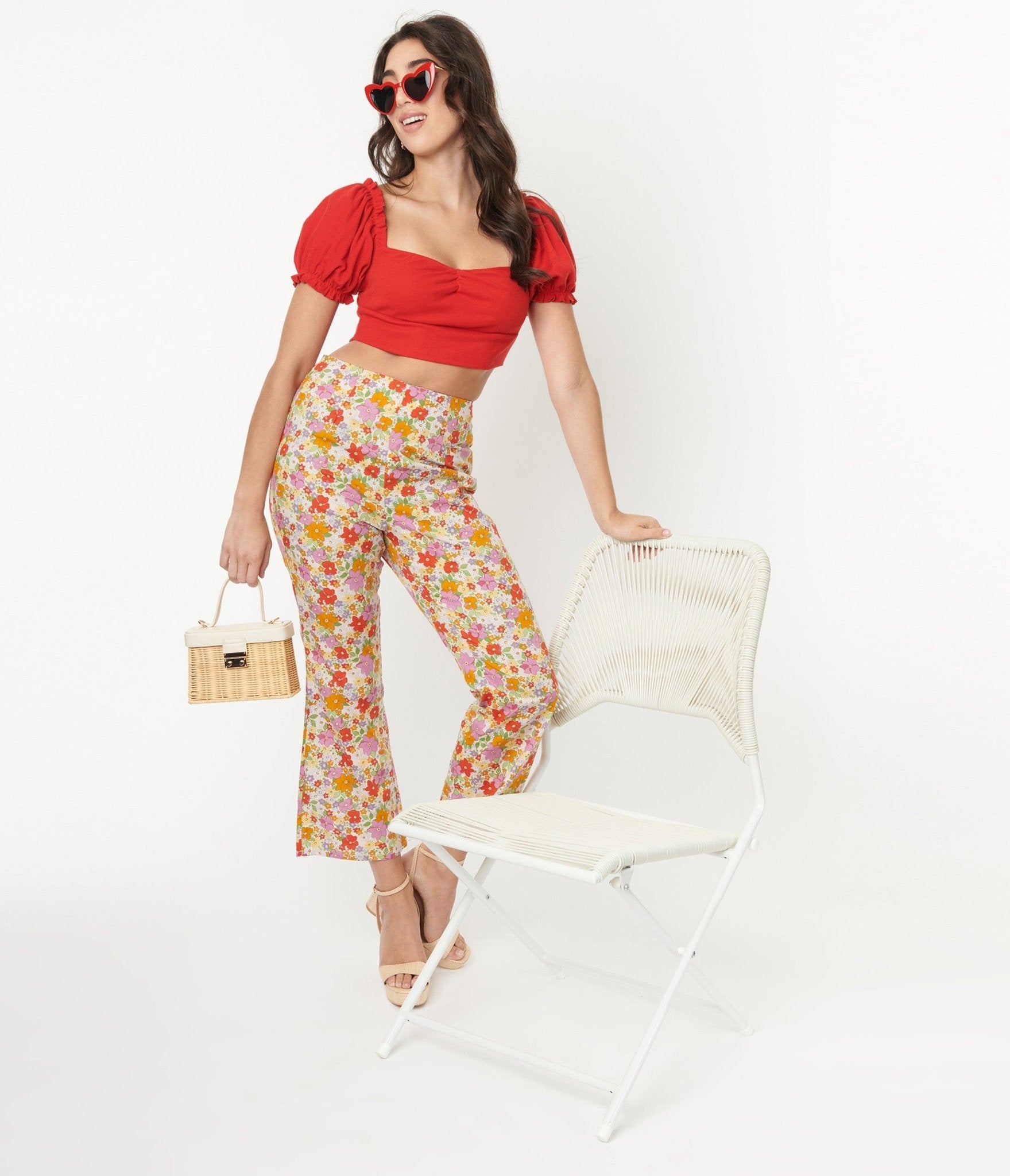 Multicolor Retro Floral Flare Pants - Unique Vintage - Womens, BOTTOMS, PANTS