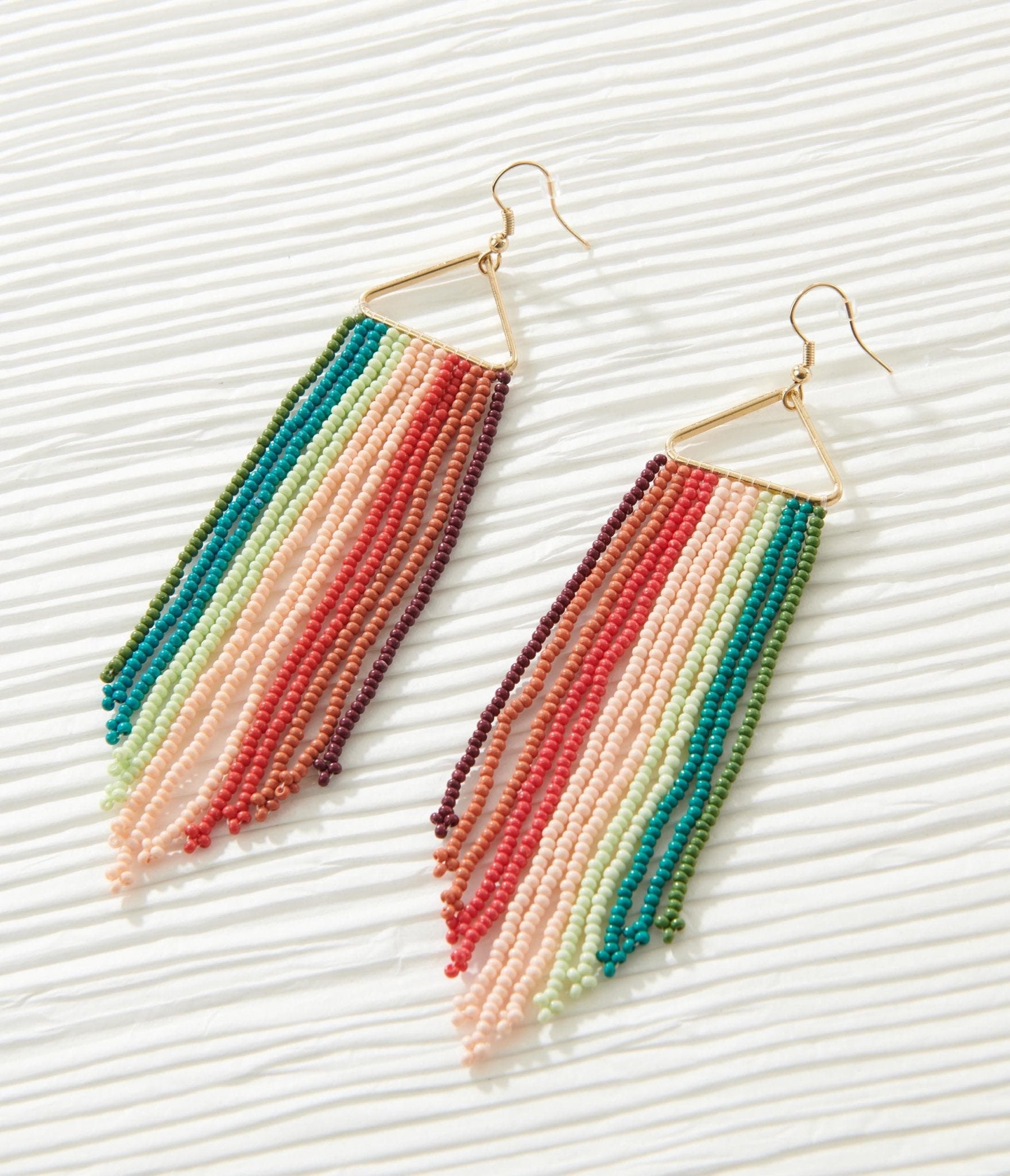 Multicolor Triangular Beaded Fringe Drop Earrings - Unique Vintage - Womens, ACCESSORIES, JEWELRY