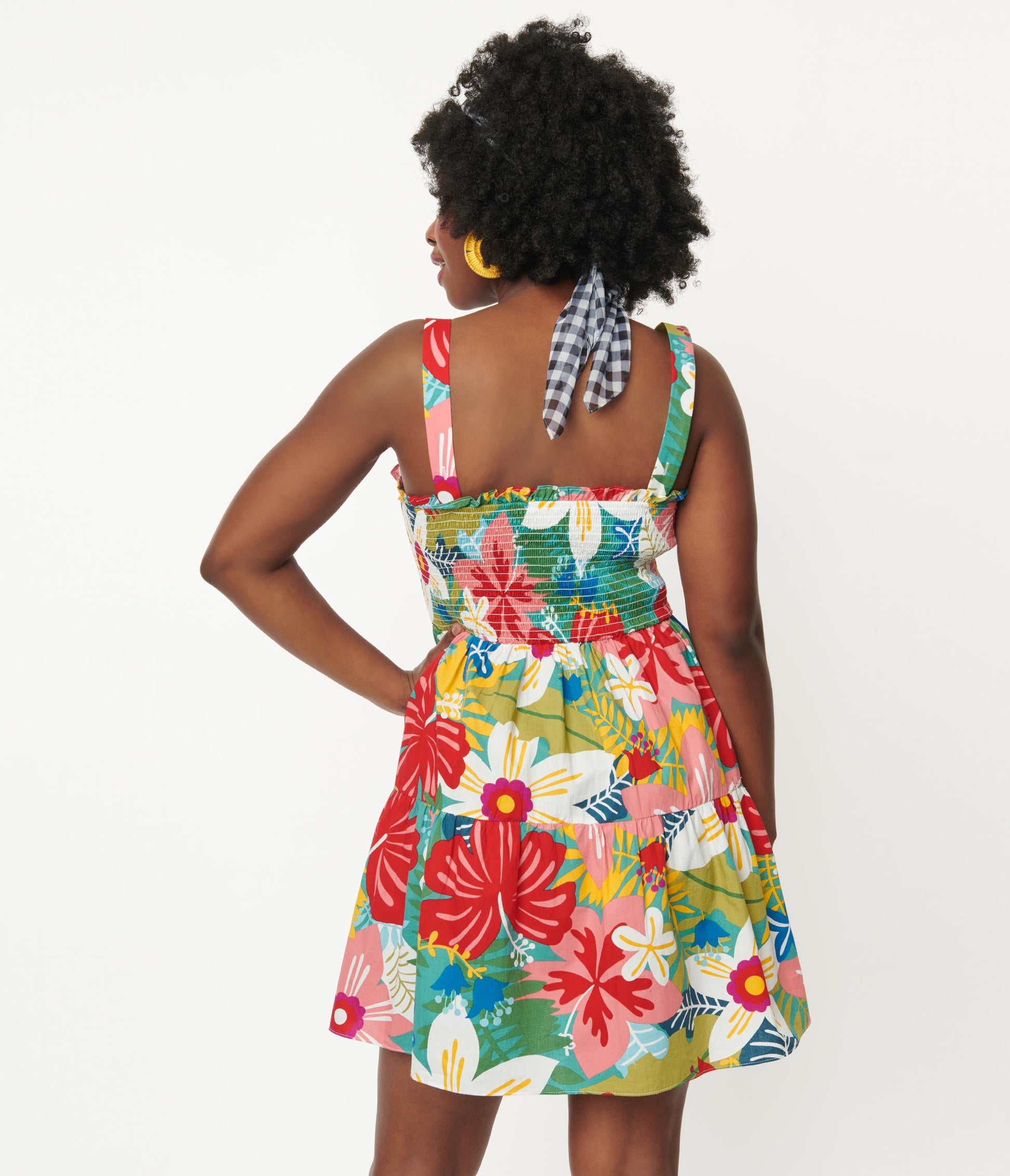 Multicolor Tropical Floral Smocked Flare Dress - Unique Vintage - Womens, DRESSES, FIT AND FLARE