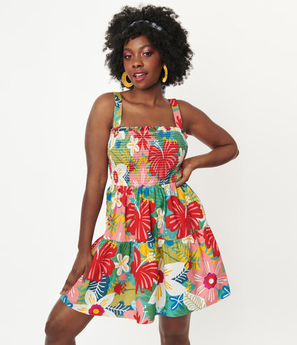 Multicolor Tropical Floral Smocked Flare Dress - Unique Vintage - Womens, DRESSES, FIT AND FLARE
