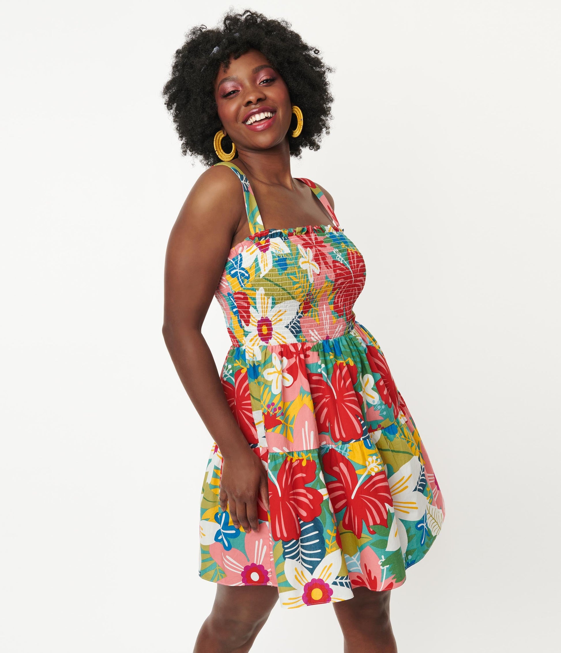 Multicolor Tropical Floral Smocked Flare Dress - Unique Vintage - Womens, DRESSES, FIT AND FLARE