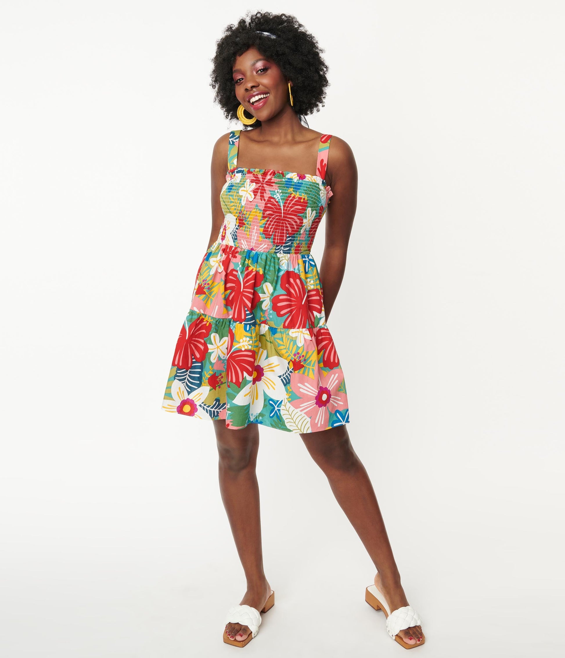 Multicolor Tropical Floral Smocked Flare Dress - Unique Vintage - Womens, DRESSES, FIT AND FLARE