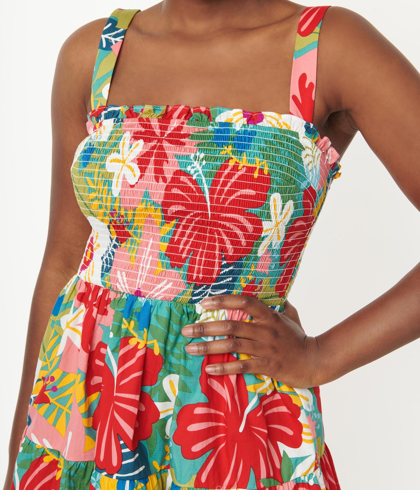 Multicolor Tropical Floral Smocked Flare Dress - Unique Vintage - Womens, DRESSES, FIT AND FLARE