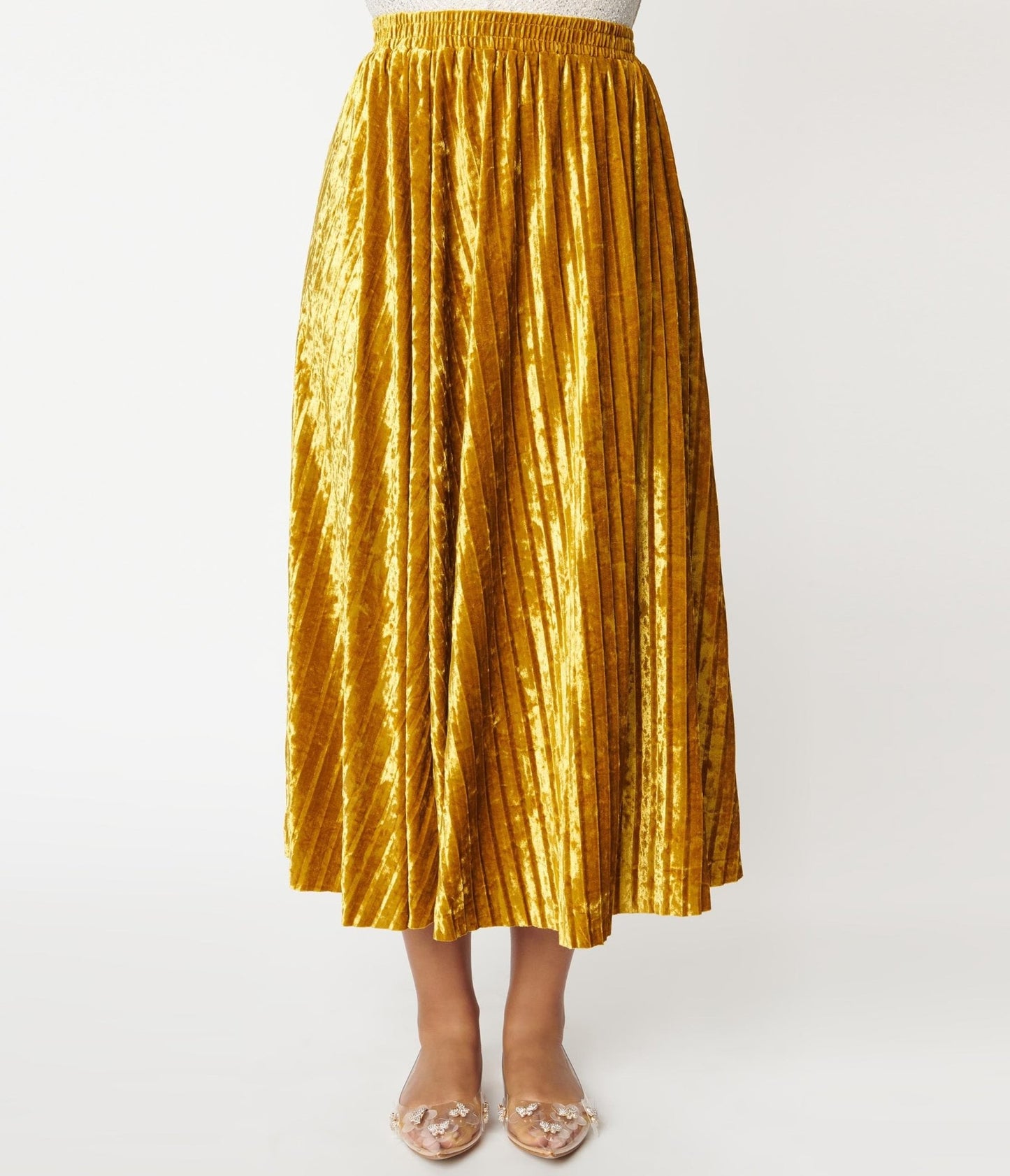 Mustard Velvet Midi Skirt - Unique Vintage - Womens, BOTTOMS, SKIRTS