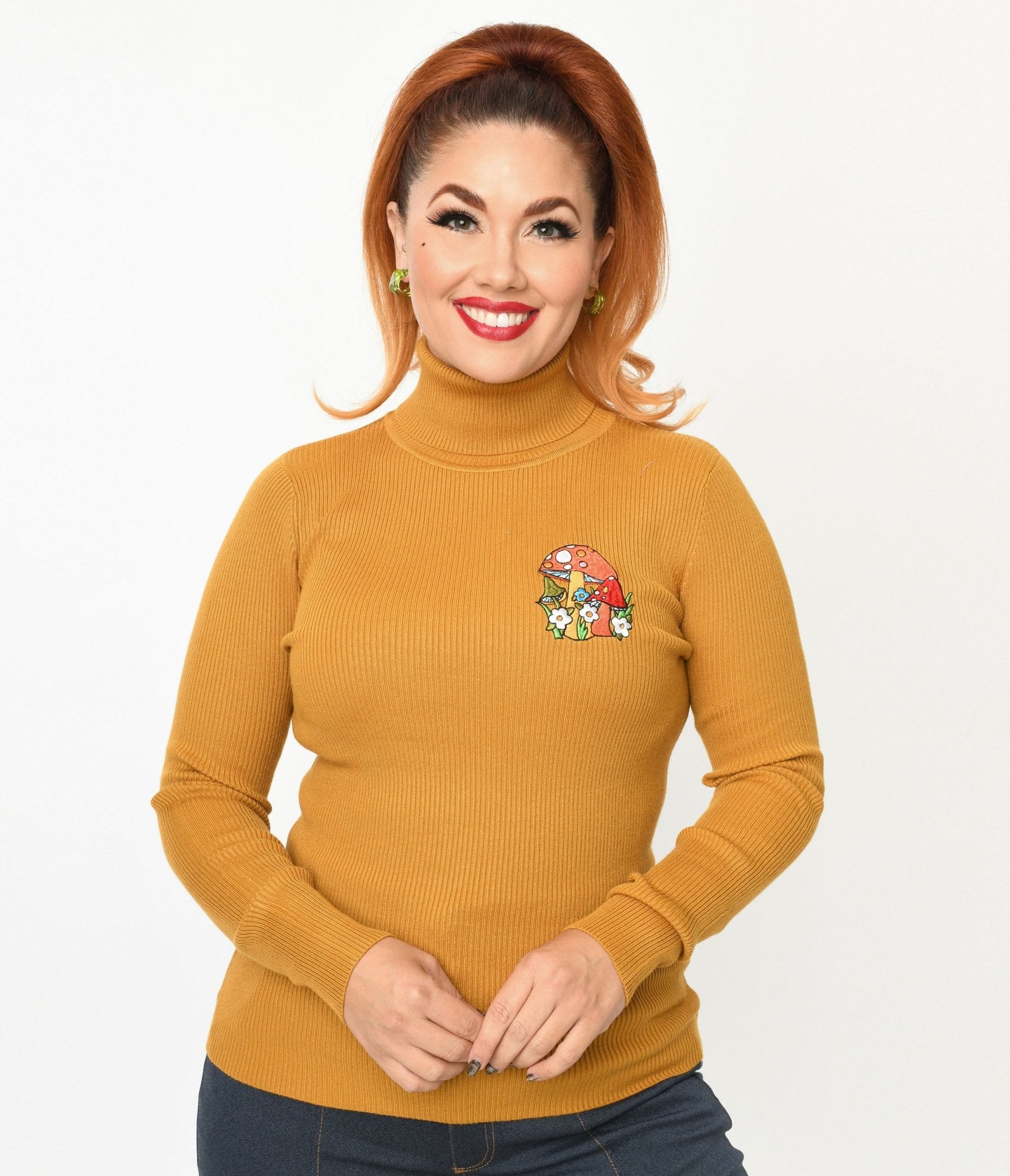 Mustard Yellow Mushroom Embroidered Turtleneck Sweater - Unique Vintage - Womens, TOPS, SWEATERS