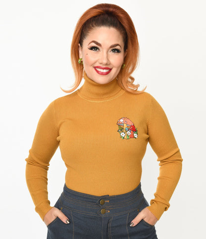 Mustard Yellow Mushroom Embroidered Turtleneck Sweater - Unique Vintage - Womens, TOPS, SWEATERS