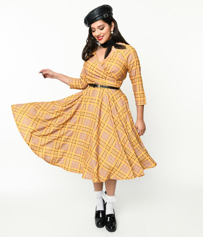 Mustard Yellow Plaid Kacee Swing Dress - Unique Vintage - Womens, DRESSES, SWING