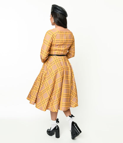 Mustard Yellow Plaid Kacee Swing Dress - Unique Vintage - Womens, DRESSES, SWING