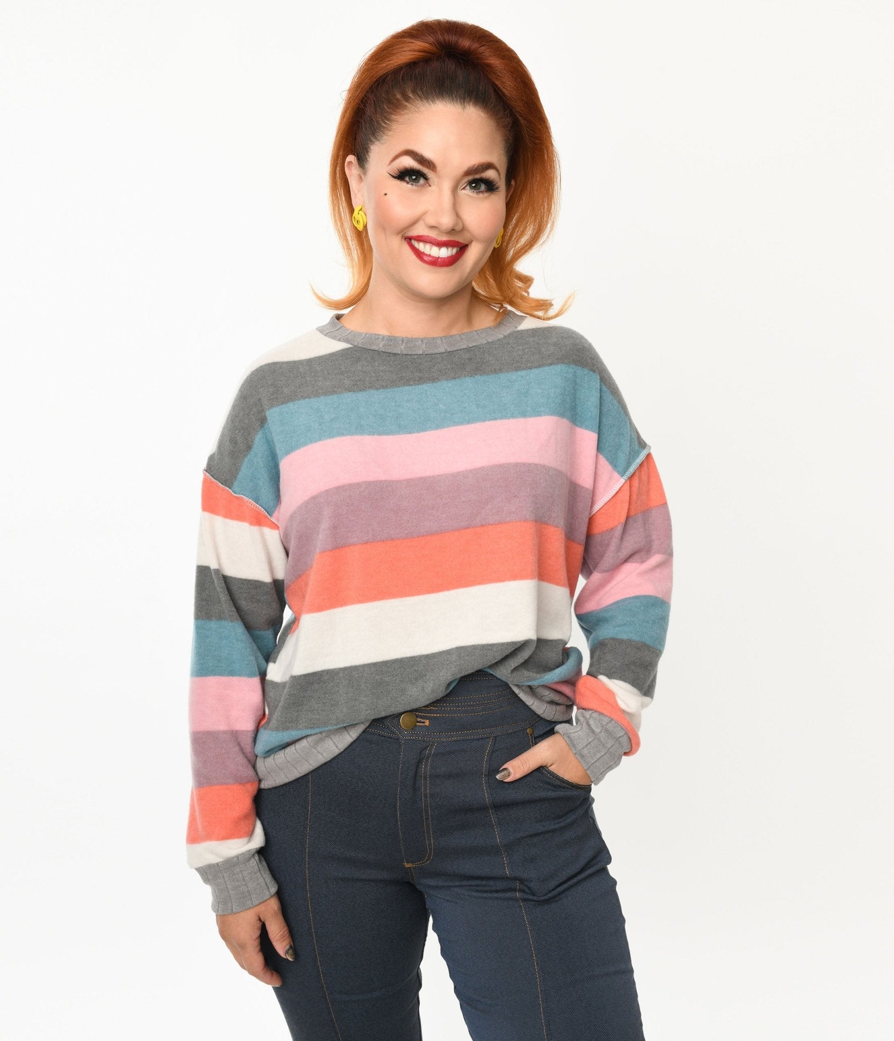 Muted Multicolor Striped Hacci Knit Sweater - Unique Vintage - Womens, TOPS, SWEATERS