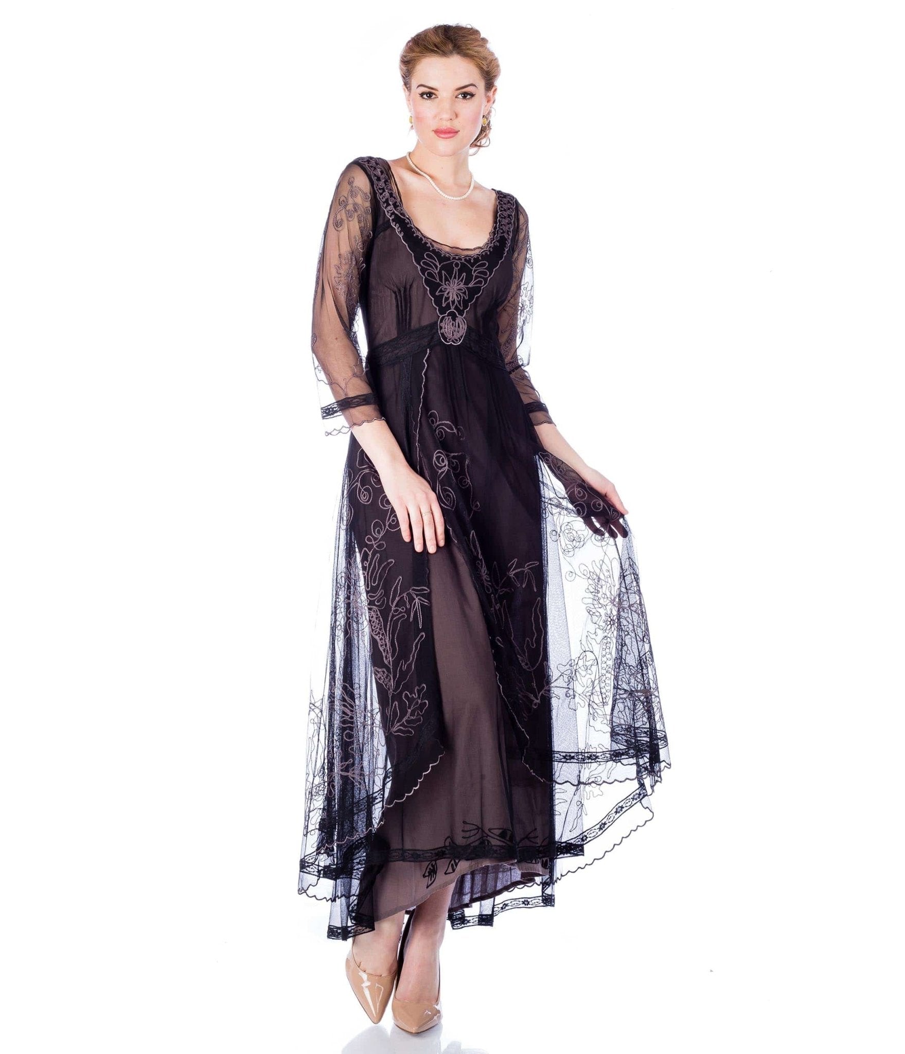 Nataya Black Embroidered Tulle Downton Abbey Edwardian Tea Party Dress - Unique Vintage - Womens, FLAPPER, DRESSES