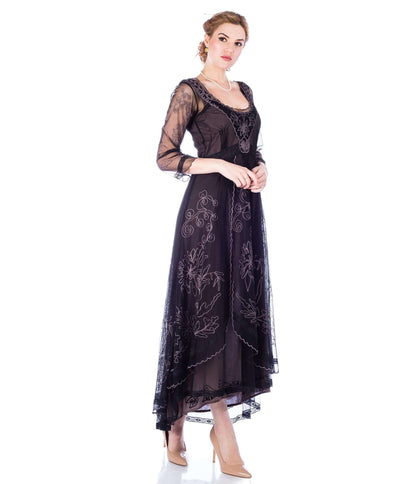 Nataya Black Embroidered Tulle Downton Abbey Edwardian Tea Party Dress - Unique Vintage - Womens, FLAPPER, DRESSES