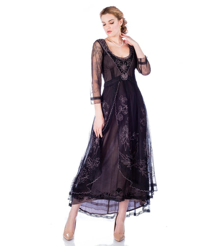 Nataya Black Embroidered Tulle Downton Abbey Edwardian Tea Party Dress - Unique Vintage - Womens, FLAPPER, DRESSES