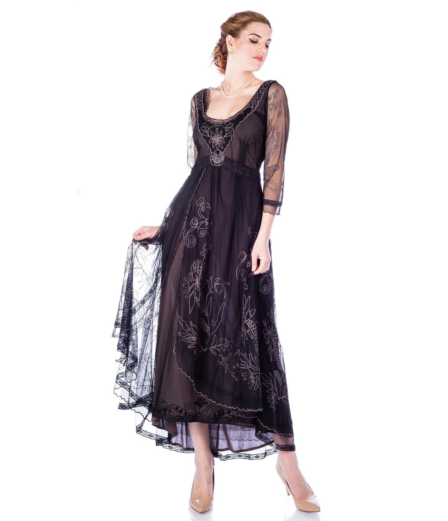 Nataya Black Embroidered Tulle Downton Abbey Edwardian Tea Party Dress - Unique Vintage - Womens, FLAPPER, DRESSES