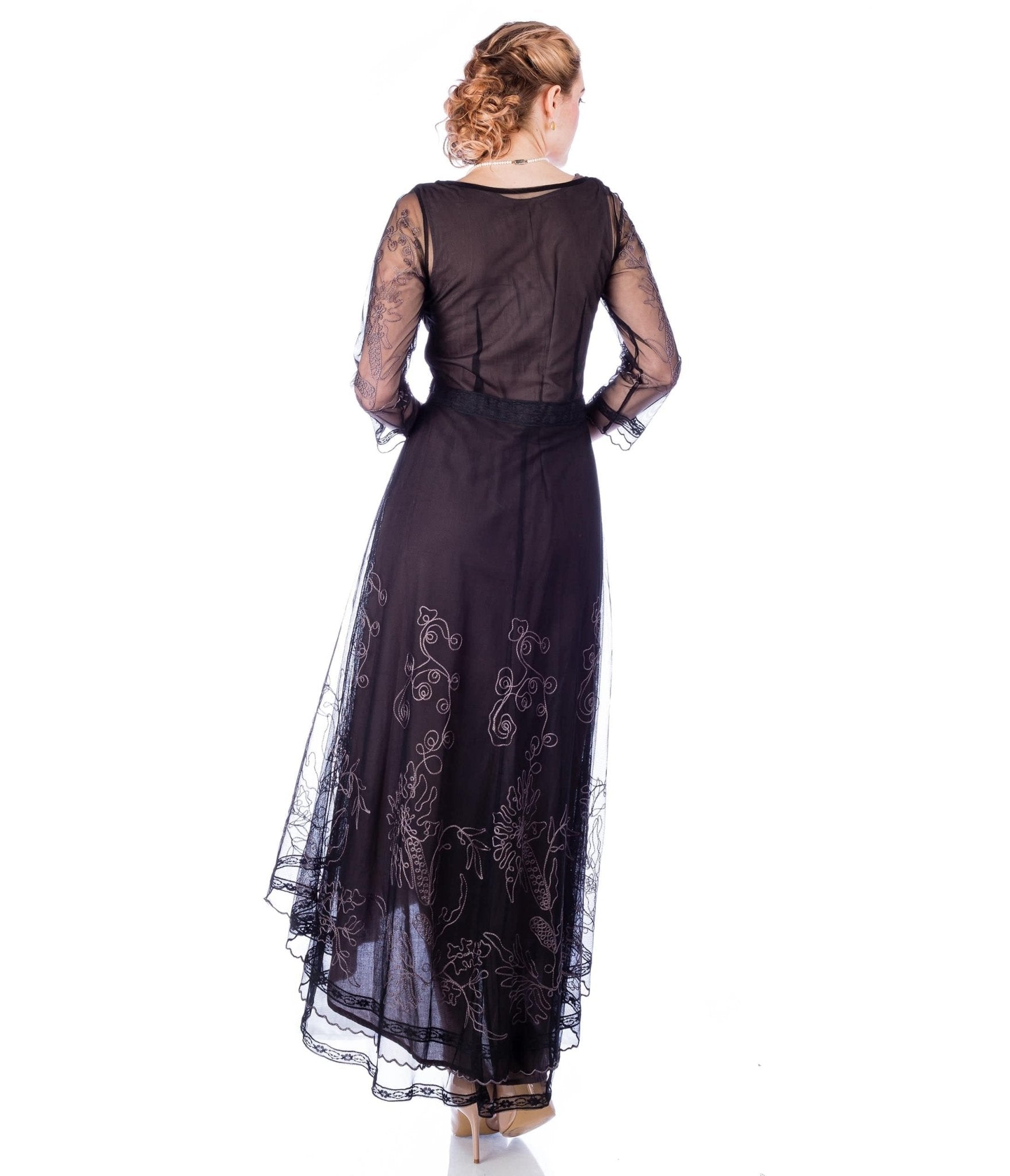 Nataya Black Embroidered Tulle Downton Abbey Edwardian Tea Party Dress - Unique Vintage - Womens, FLAPPER, DRESSES