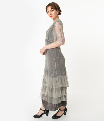 Nataya Vintage Style Alluring Slate Downton Abbey Edwardian Dress - Unique Vintage - Womens, FLAPPER, SLEEVED NON BEADED
