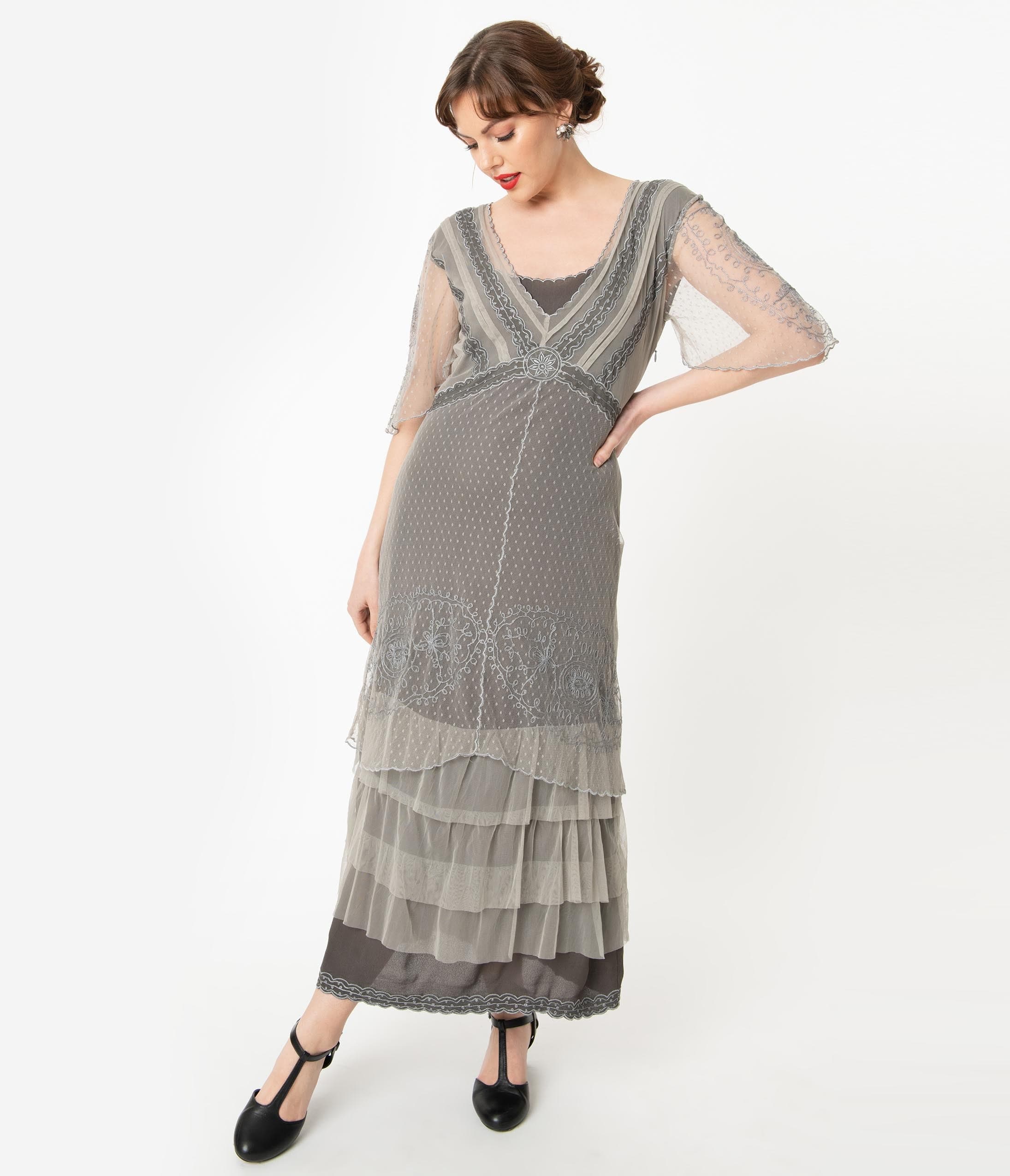 Nataya Vintage Style Alluring Slate Downton Abbey Edwardian Dress - Unique Vintage - Womens, FLAPPER, SLEEVED NON BEADED