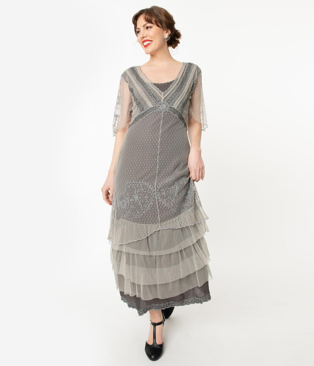 Nataya Vintage Style Alluring Slate Downton Abbey Edwardian Dress - Unique Vintage - Womens, FLAPPER, SLEEVED NON BEADED