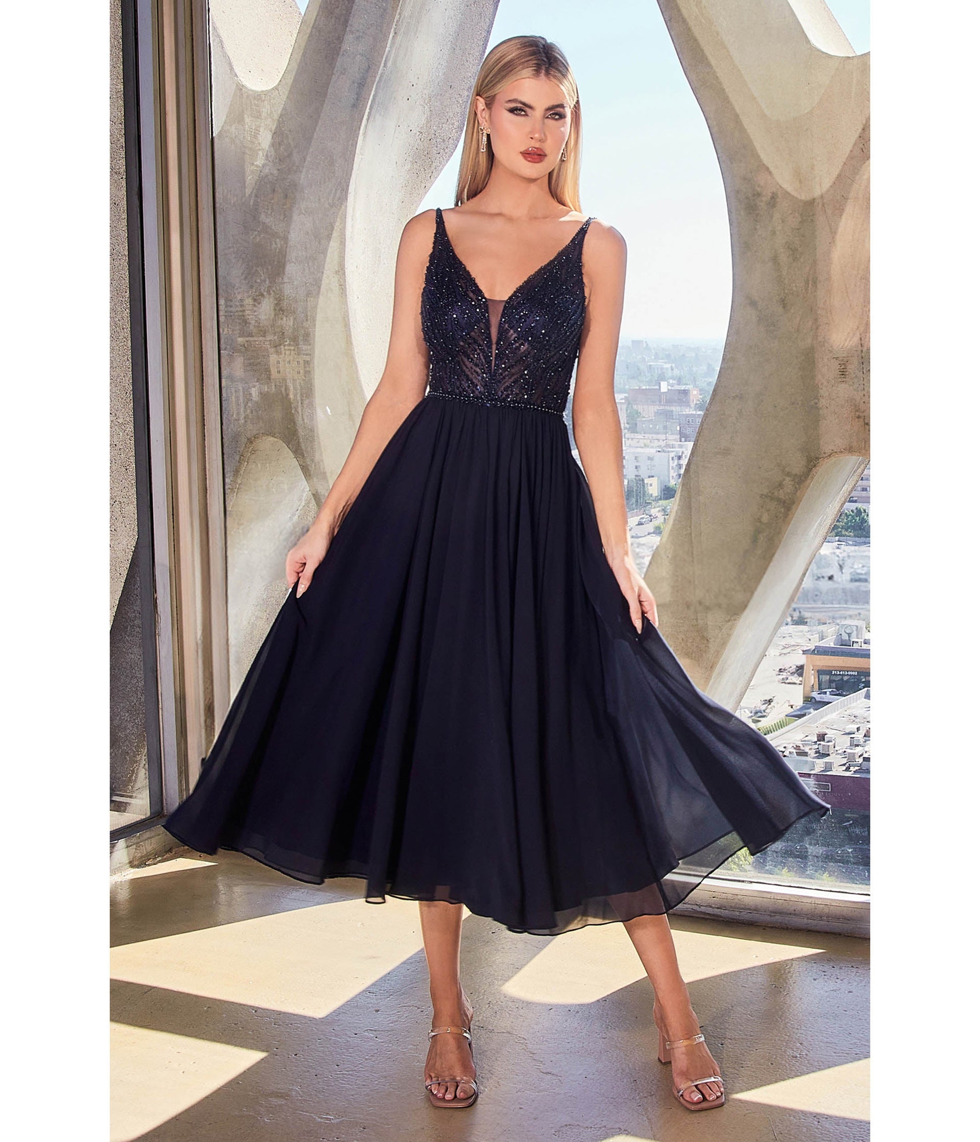 Navy Beaded Chiffon Tea Length Dress - Unique Vintage - Womens, DRESSES, PROM AND SPECIAL OCCASION