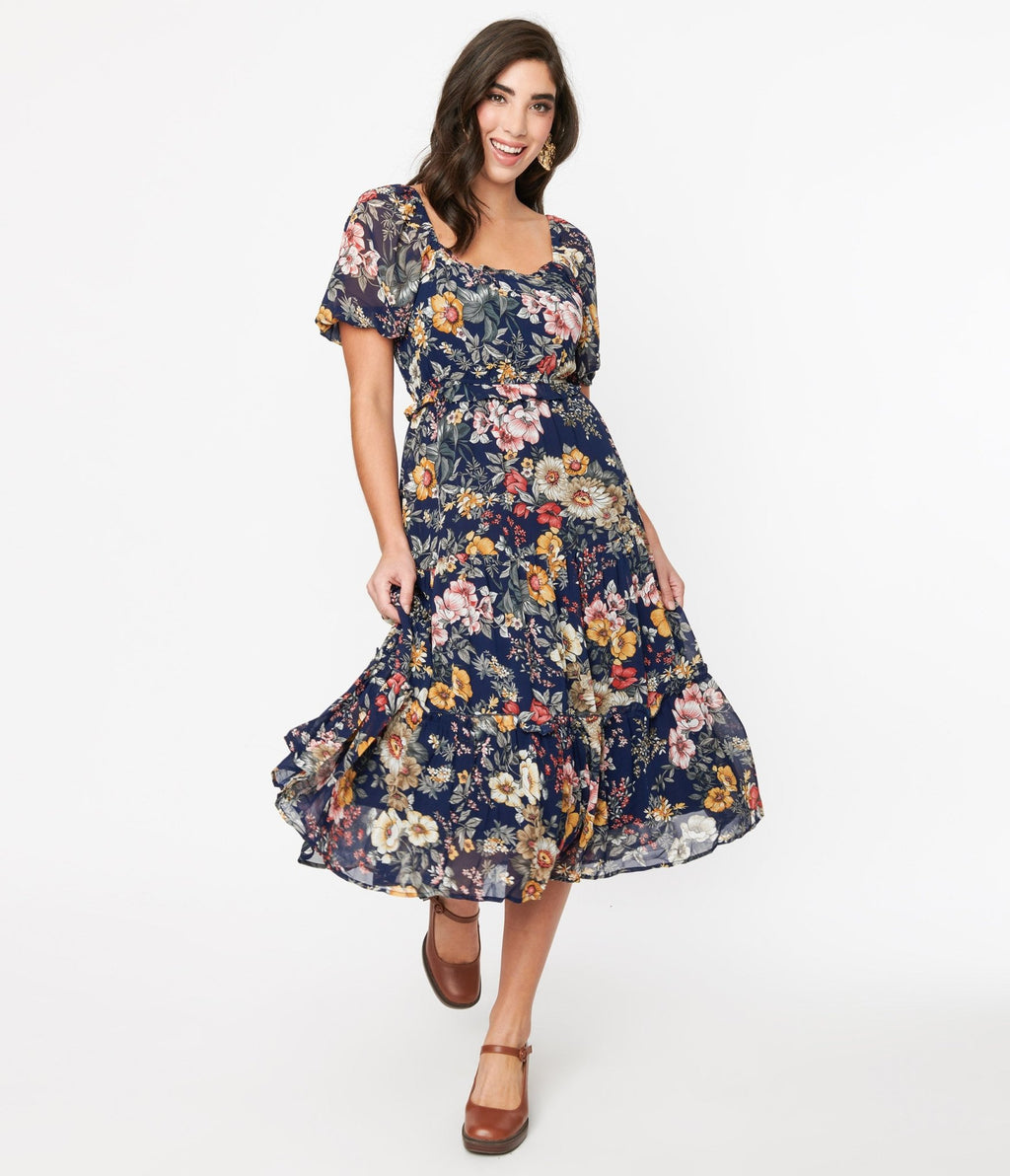 Navy Blue Floral Puff Sleeve Midi Dress - Unique Vintage - Womens, DRESSES, MIDI