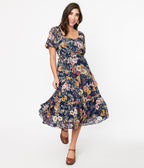 Navy Blue Floral Puff Sleeve Midi Dress - Unique Vintage - Womens, DRESSES, MIDI