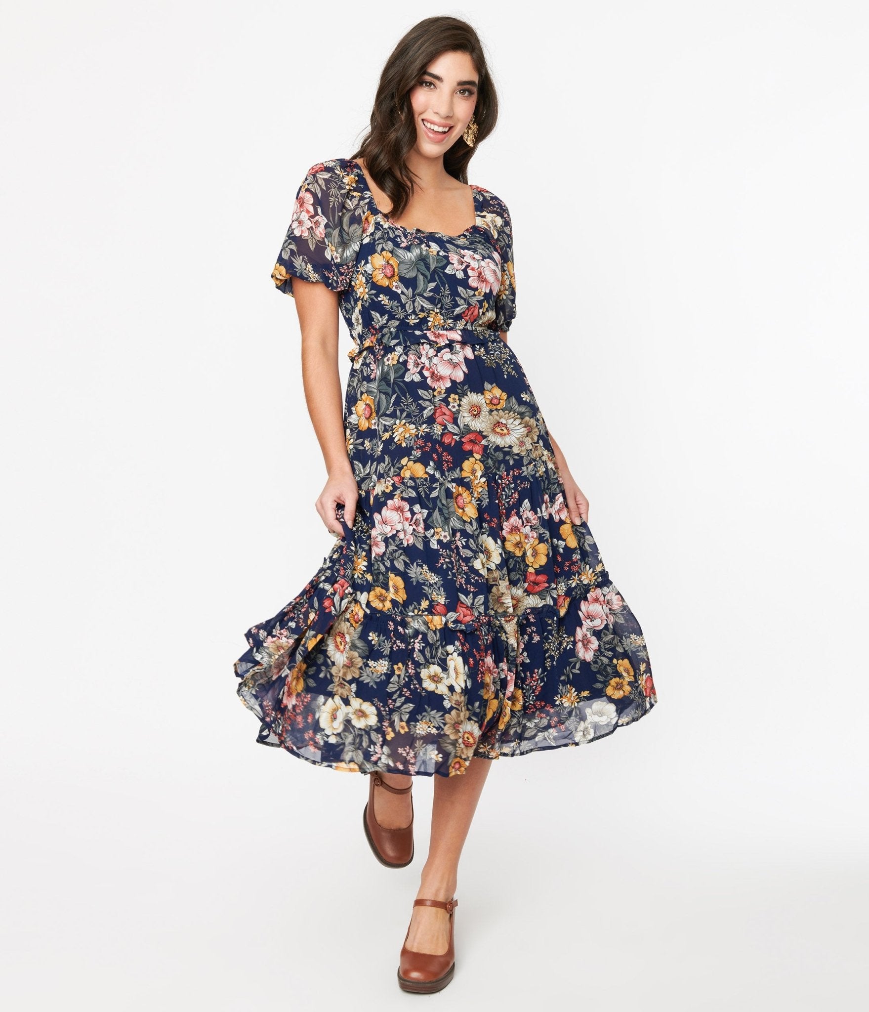 Navy Blue Floral Puff Sleeve Midi Dress - Unique Vintage - Womens, DRESSES, MIDI