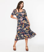 Navy Blue Floral Puff Sleeve Midi Dress - Unique Vintage - Womens, DRESSES, MIDI