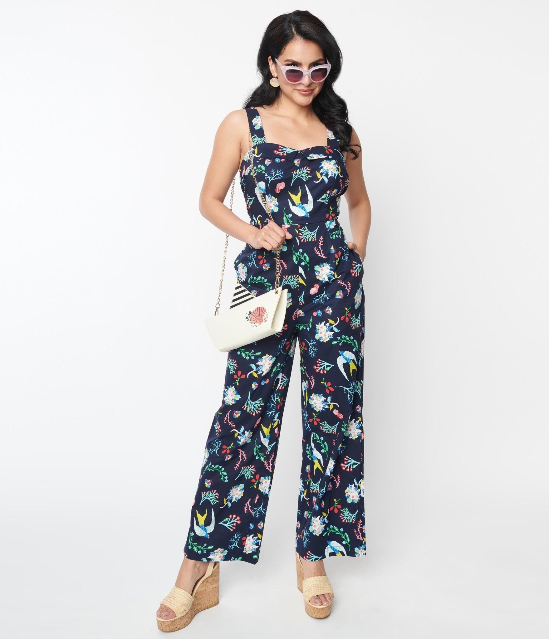 Navy Blue Under the Sea Jumpsuit - Unique Vintage - Womens, BOTTOMS, ROMPERS AND JUMPSUITS