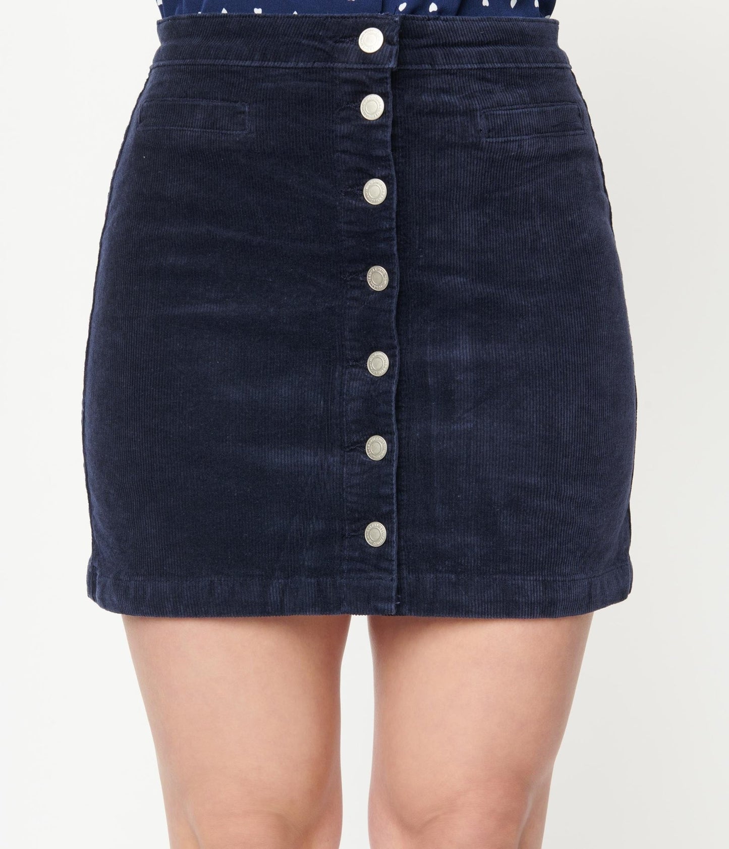 Navy Corduroy Button Up Mini Skirt - Unique Vintage - Womens, BOTTOMS, SKIRTS