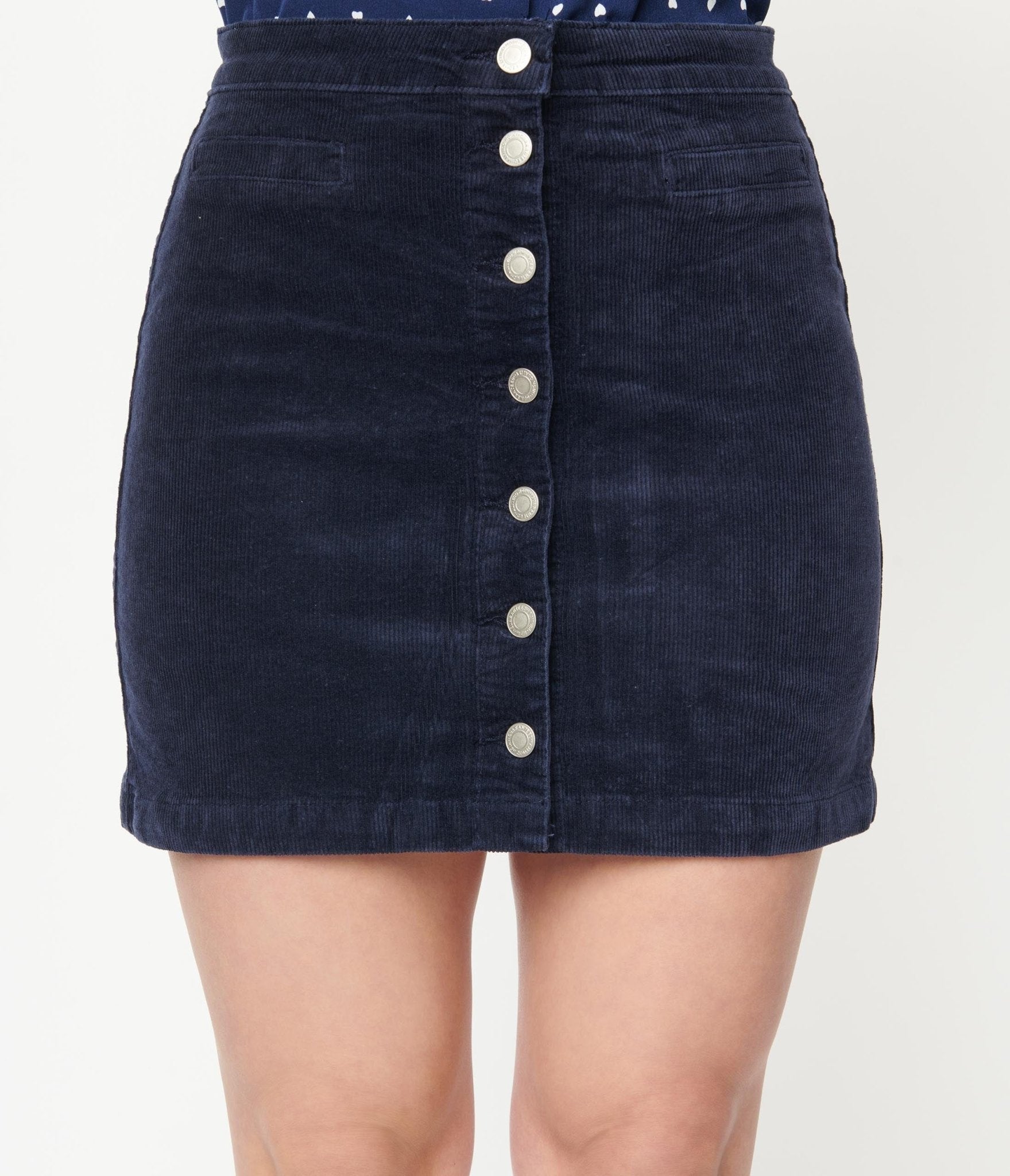 Navy Corduroy Button Up Mini Skirt - Unique Vintage - Womens, BOTTOMS, SKIRTS