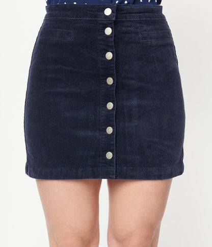 Navy Corduroy Button Up Mini Skirt - Unique Vintage - Womens, BOTTOMS, SKIRTS