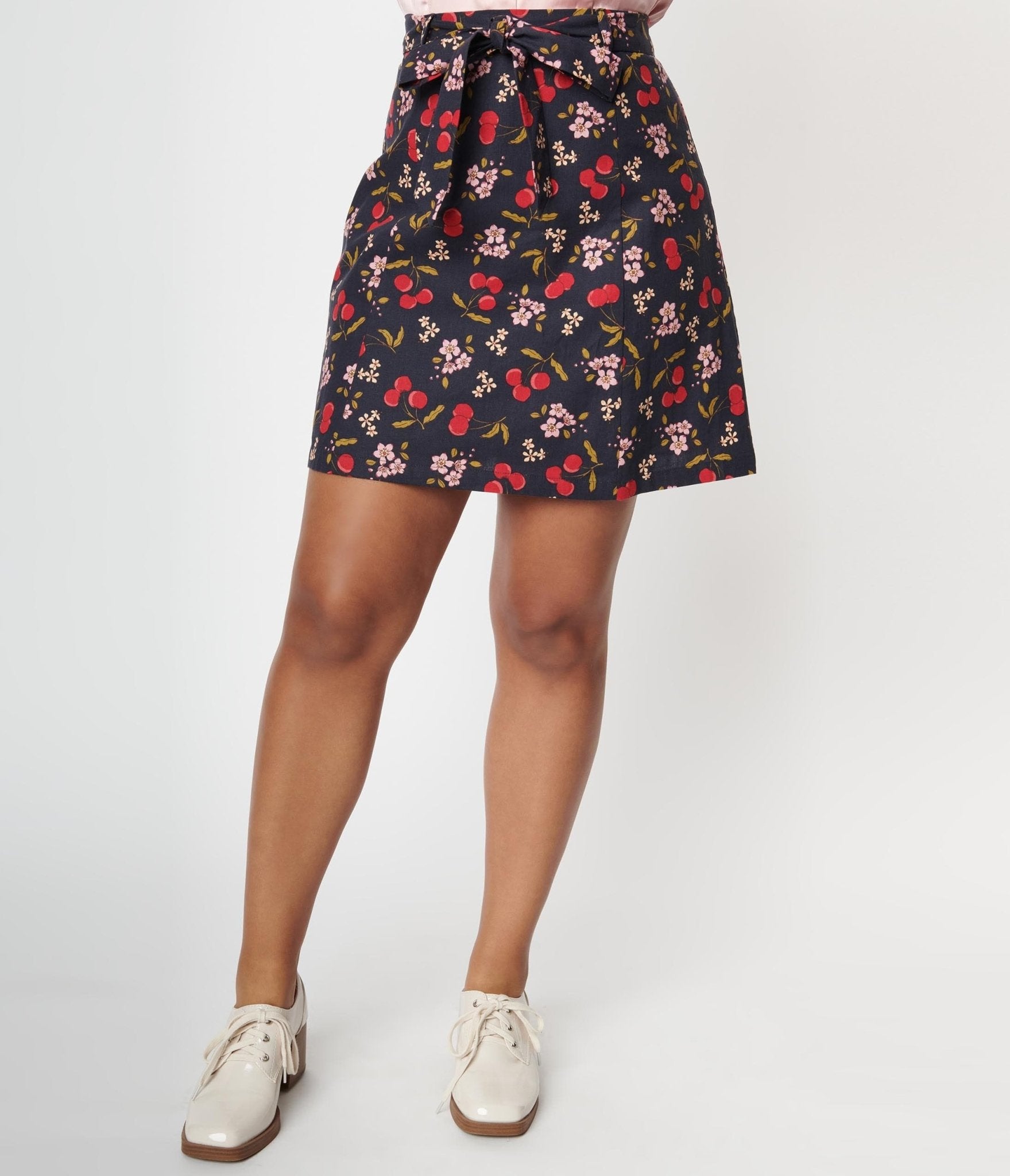 Navy & French Cherry Print Mini Skirt - Unique Vintage - Womens, BOTTOMS, SKIRTS