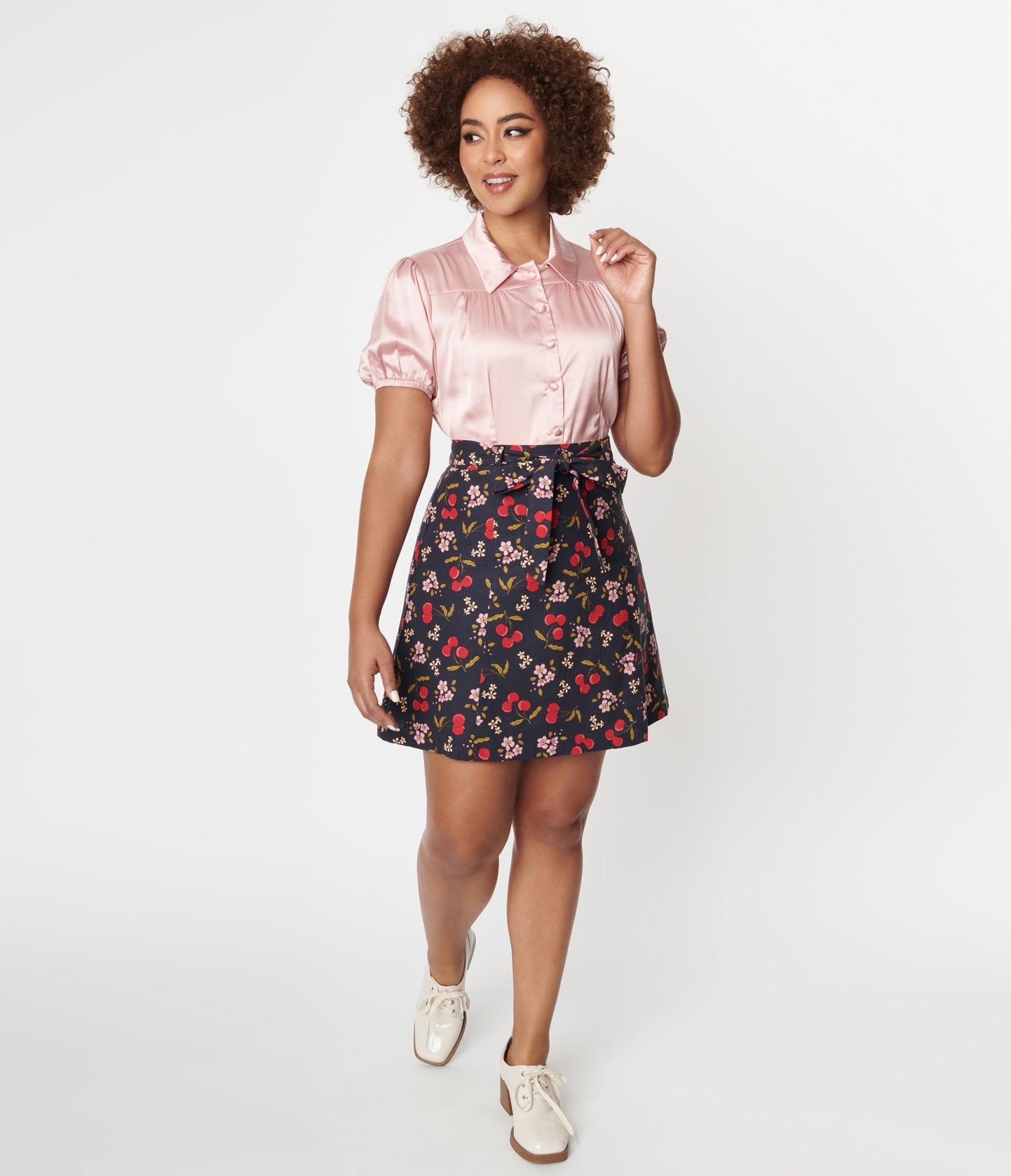 Navy & French Cherry Print Mini Skirt - Unique Vintage - Womens, BOTTOMS, SKIRTS