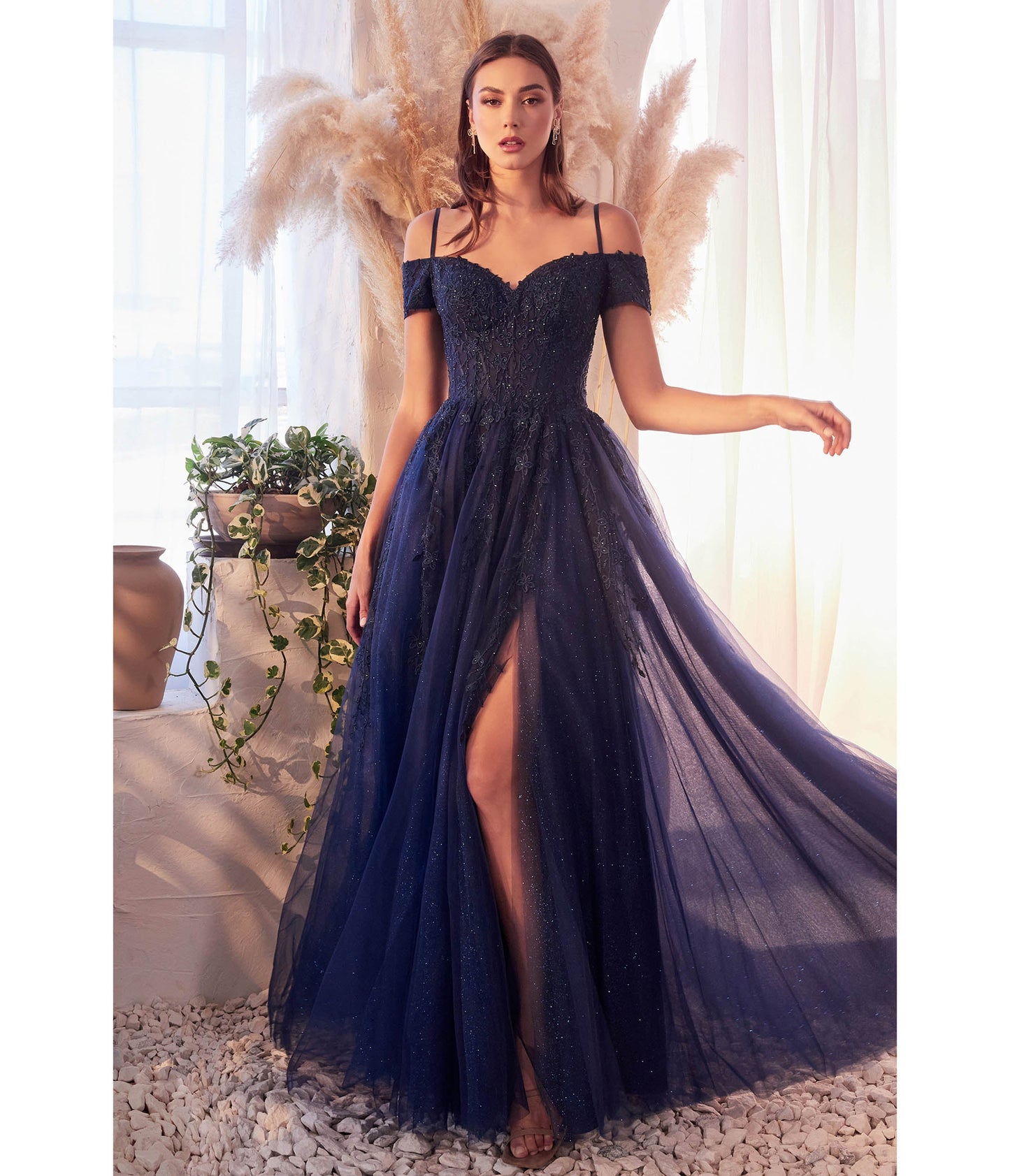Navy Glitter Tulle Off The Shoulder Applique Slit Gown - Unique Vintage - Womens, DRESSES, PROM AND SPECIAL OCCASION