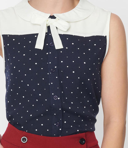 Navy & Ivory Pin Dot Bow Top - Unique Vintage - Womens, TOPS, WOVEN TOPS
