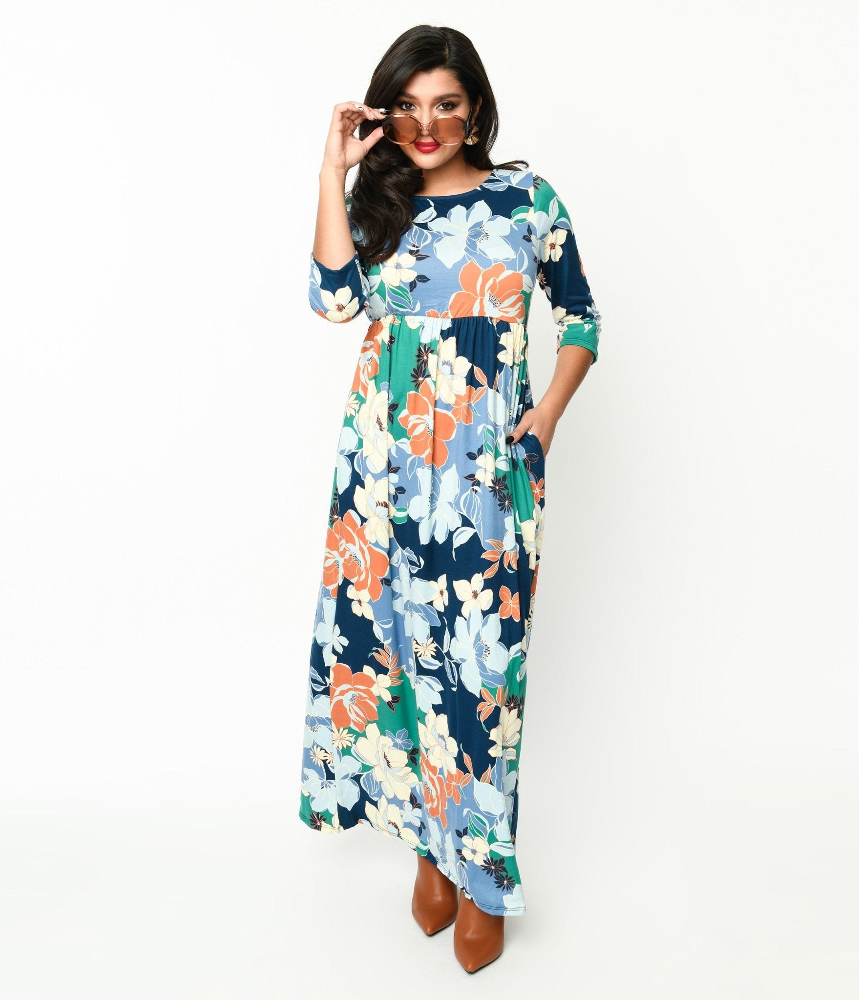 1970s Navy Multicolor Floral Knit Maxi Dress Unique Vintage